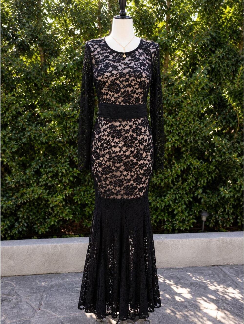 Marciano XS Black Lace Nude Illusion Mermaid Maxi Dress Two-Piece Set Evening